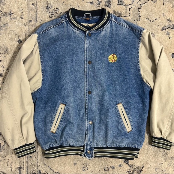 Gear For Sports Other - Vintage Denim Varsity Jacket with Beige Sleeves